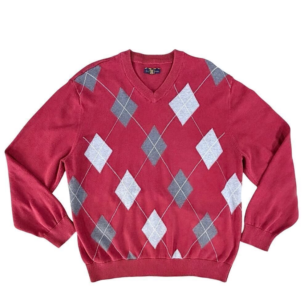 Charter Club Sweater XL Red Gray Argyle Preppy Academia Retro Knit Pullover